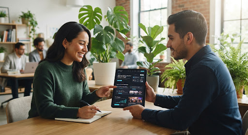 Two people talking in front of a tablet