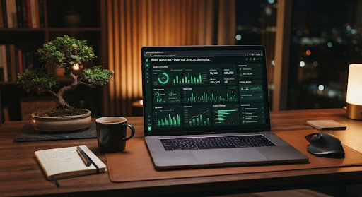Workspace with warm light and plants